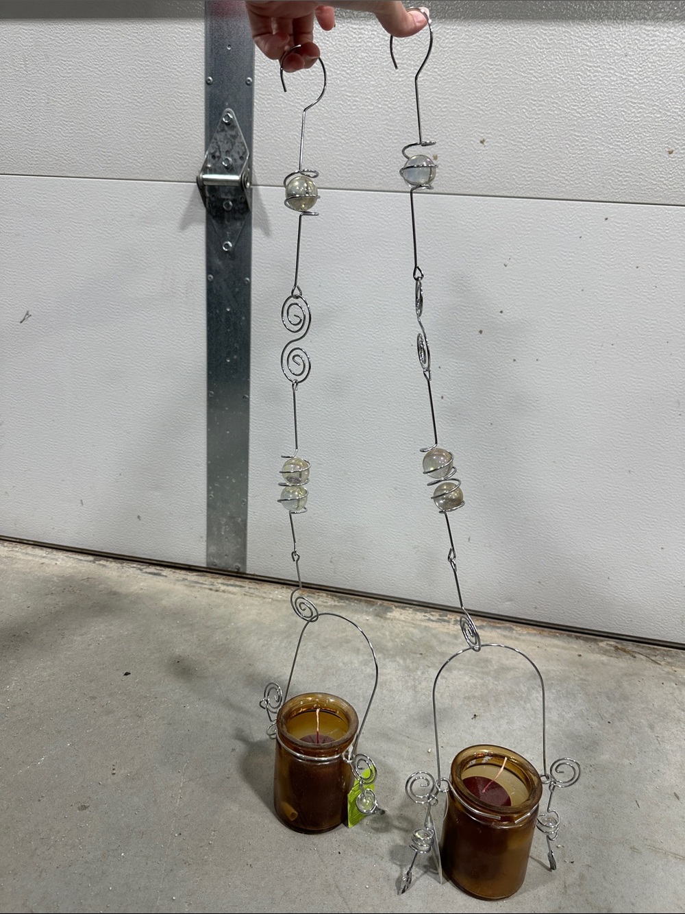 Hanging Amber Glass Candle Holders with Wire Accent